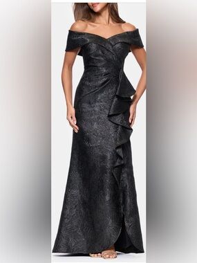 Xscape Off-Shoulder Black Brocade Evening Gown